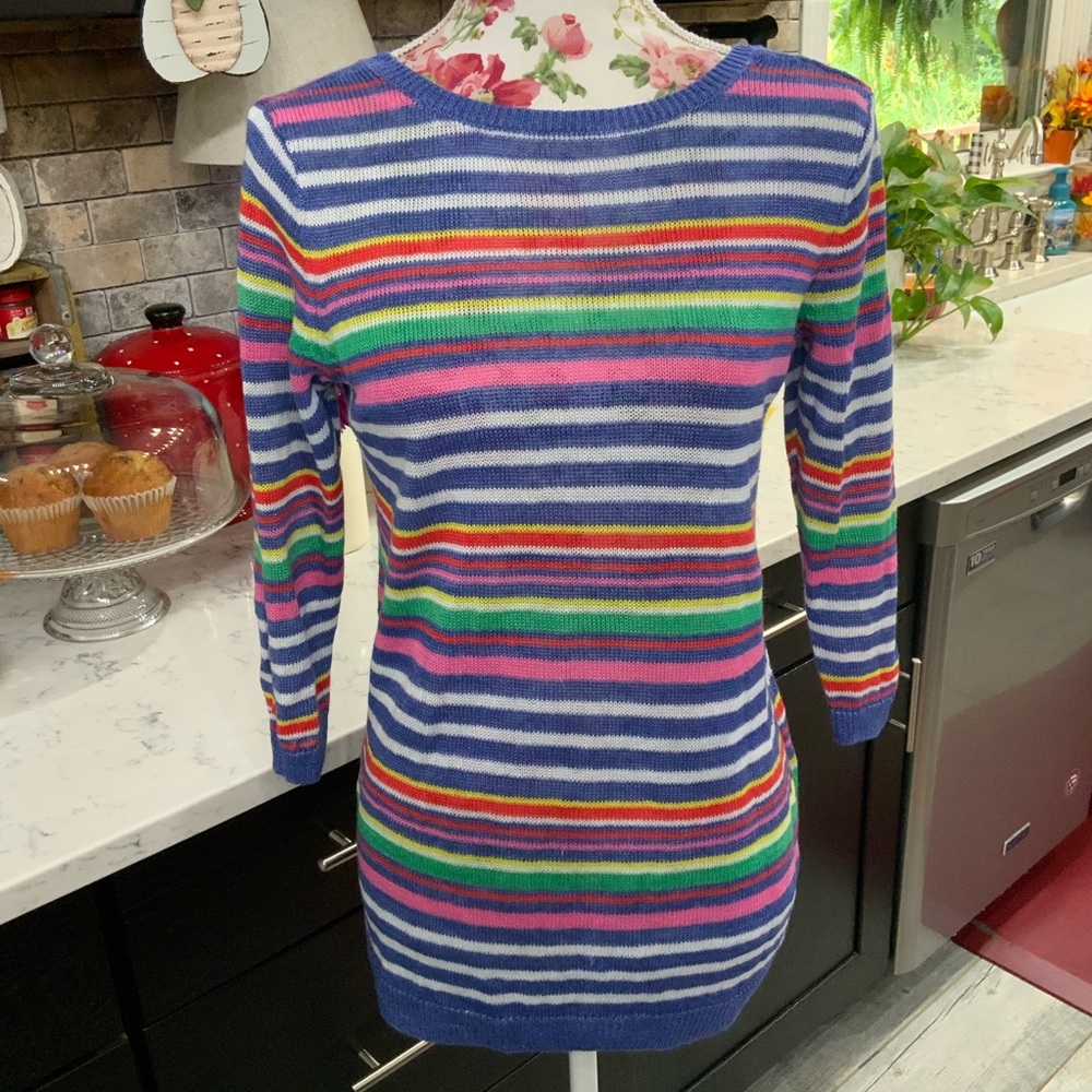 Talbots Petites PS Petunia Stripe Linen Crew Neck Sweater 3/4 Sleeve Colorful